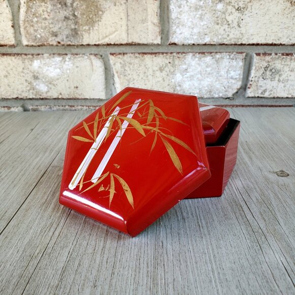 Interpur Trinket Boxes w Hand-Painted Bamboo Red Hexagonal Nesting Set of 3 - Picture 9 of 10